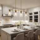 Mecgirn Island Light for Kitchen, Brushed Brass Dining Room Light Fixture Over Table, 4-Light Linear Chandelier Pendant Lighting for Dining Table Kitchen Island Living Room, 4 Light + Clear Glass