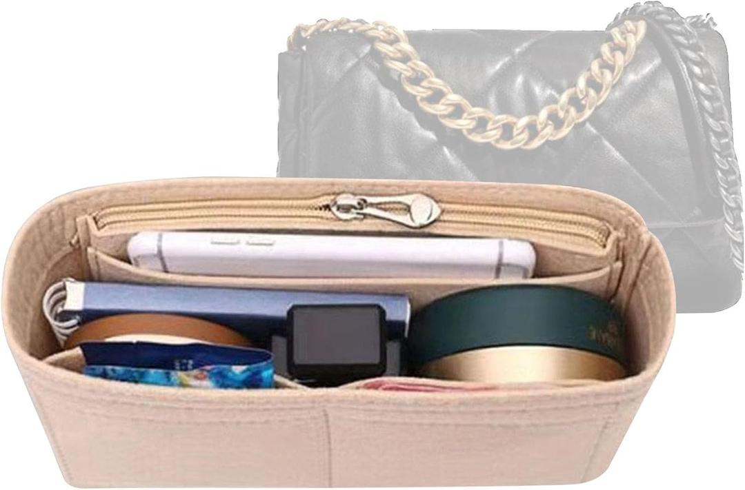 Lckaey Purse Organizer Insert for 19 Flap Bag Large bag Organizer with Side Zipper Pocket 1016beige-M