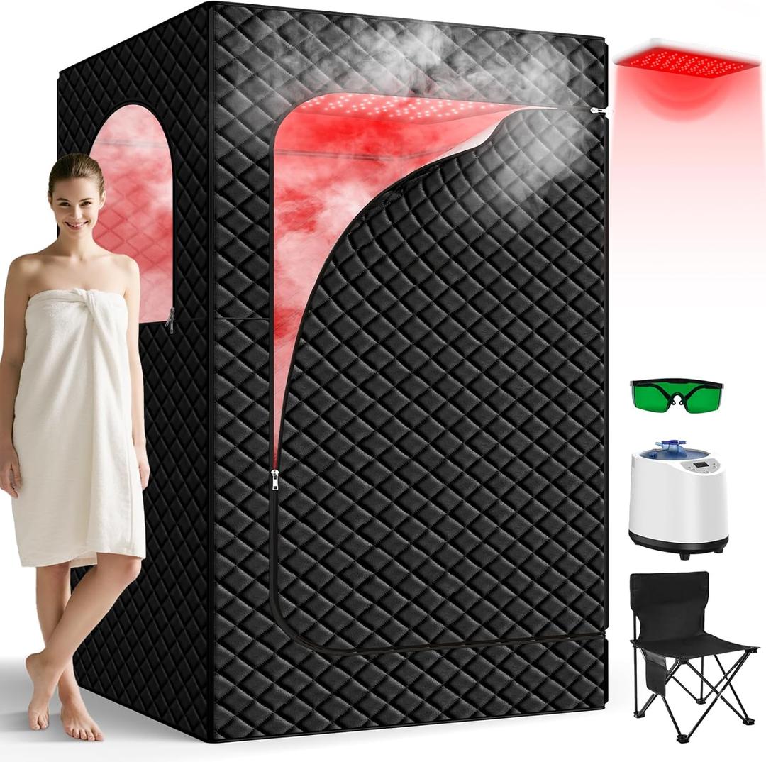 Portable Infrared Sauna Box for Home, Full Body Steam Sauna Tent with 660nm & 850nm Red Light Therapy Lamp, 3L 1200W Fast-Heating Steamer, Adjustable Temp & Remote Control for Relaxation, Detox