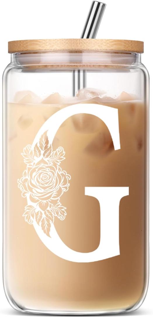3 x Gifts for Women, Personalized Monogrammed Gifts for Sister Mom Friend Wife, Birthday & Ideas 2024 - Cute Iced Coffee Glass Cups with Lids & Straws