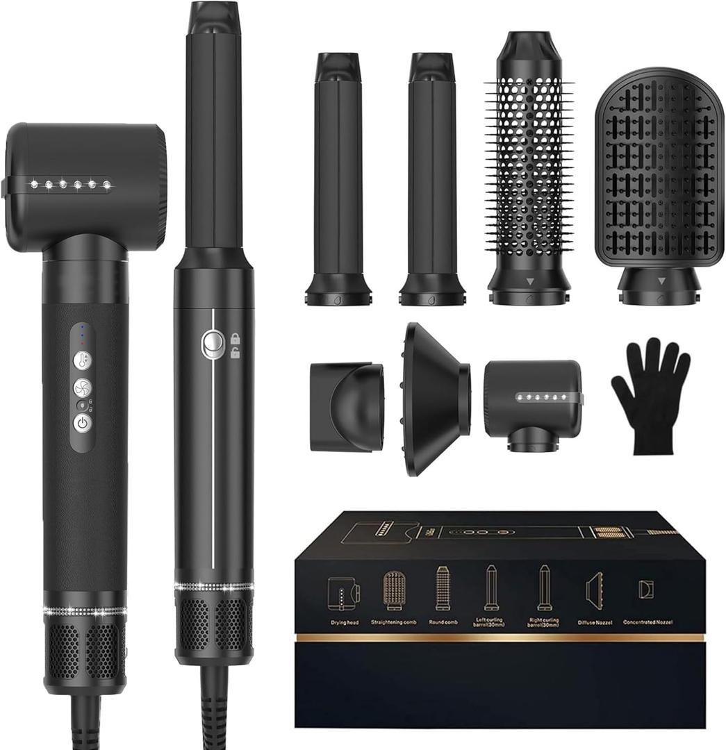 Hair Dryer Brush 7 in ONE, Powerful Blow Dryer Brush with Air Curler for Hair, Brush Blow Dryer with Diffuser, Ionic Hot Air Brush Fast Dry, Volumize, Curls, Straight, Hair Styling Tools 100-120V (Black Silver)