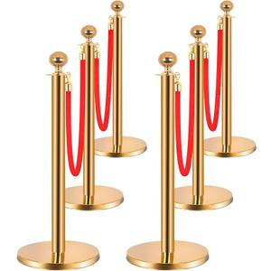6pcs Stainless Steel Stanchions with 4 Red Velvet Ropes - 5ft Crowd Control Barriers for Parties, Weddings, Hotels, Exhibitions - Elegant Queue Management System Gold 6PCS 4Ropes