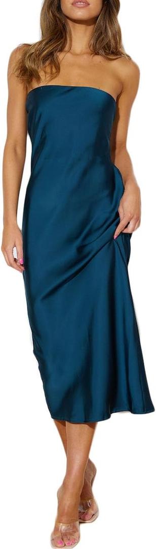 Summer Satin Strapless Backless Wedding Guest Midi Dress for Women Elegant Tube Top Sleeveless Tie Back Maxi Dresses (Teal, L)