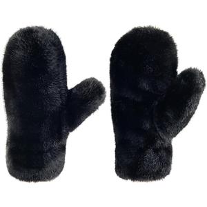 Women Girls Winter Faux Fur Mittens Plush Full Fingers Mittens Warm Gloves Ski Hiking Cycling Gloves Furry Mitten (Black)