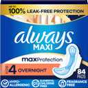 Always Maxi Overnight Pads with Wings for Women, Size 4, Overnight Absorbency, Unscented, 84 Count (3 Packs of 28)