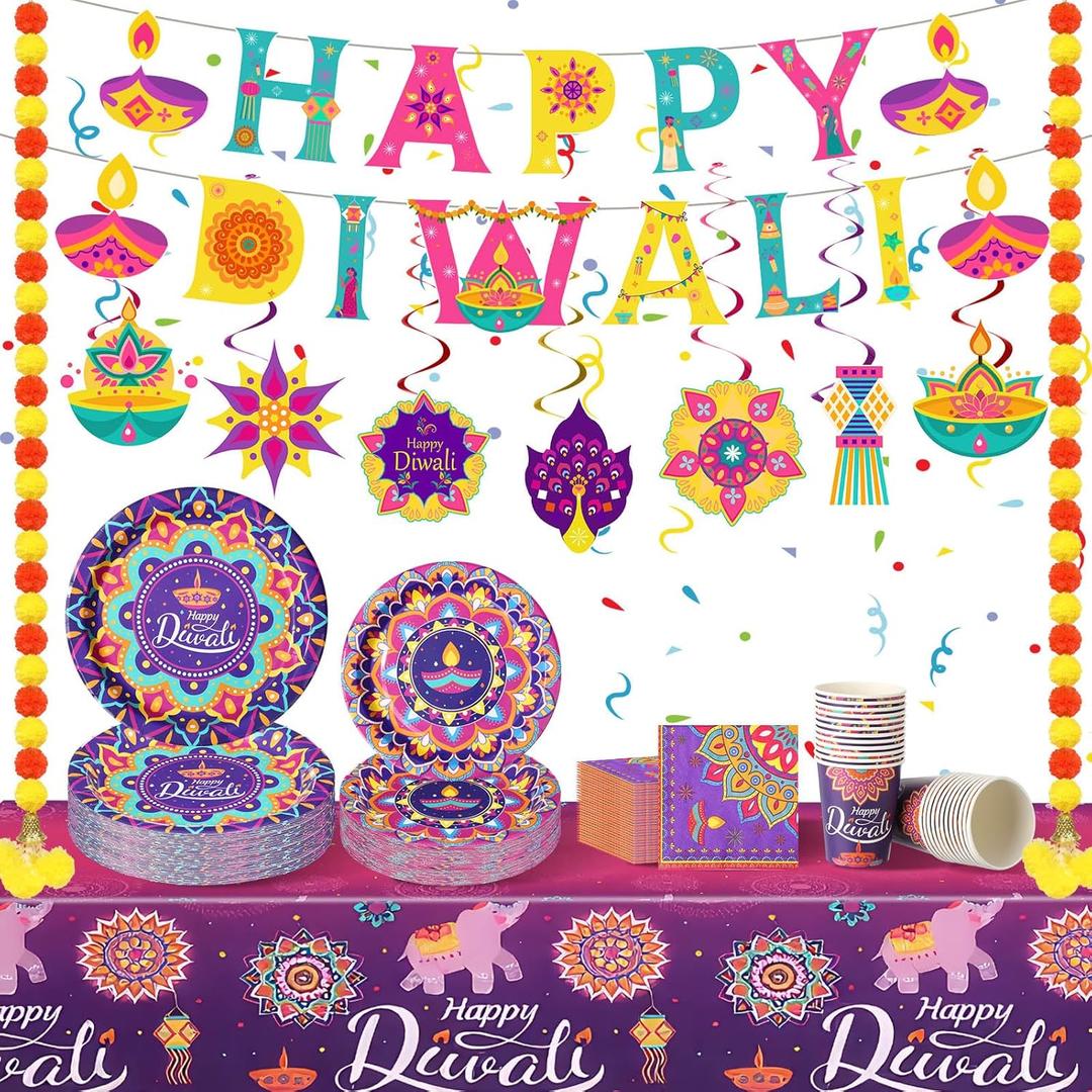 Bokon 121 Pcs Happy Diwali Decorations Diwali Party Tableware Set for 24 Guests Deepawali Lights Festival Tableware Tablecloth Banner Hanging Decorations Swirls Marigold Garland for India Deepawali