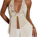 Verdusa Women's Sequin Beaded Boho Halter Tops Rave Club Tie Backless Babydoll Tops, Small, Apricot 