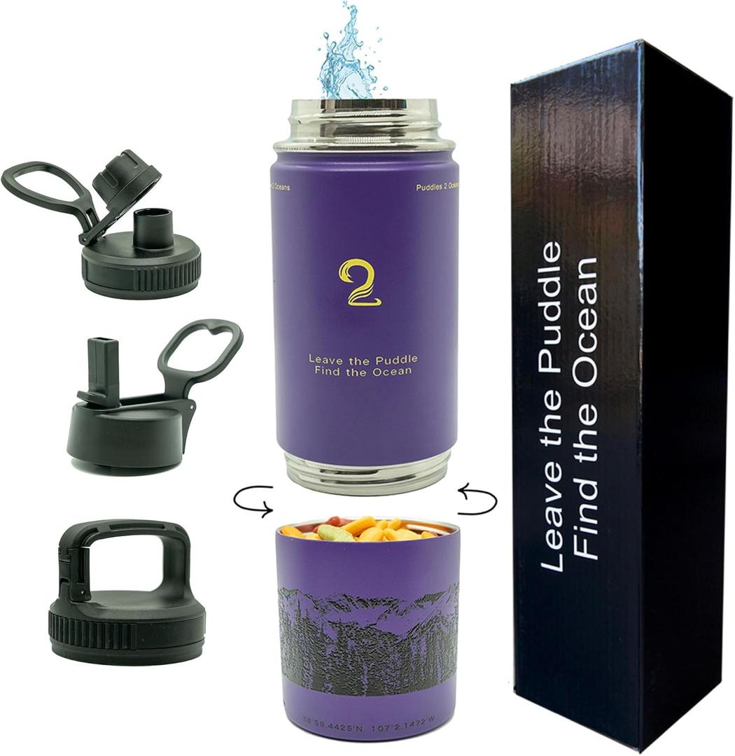 Stainless Steel Water Bottles, Coldest Water Bottle, Stackable Snack Containers for Kids, Insulated Water Bottle, Water Bottle with Snack Compartment, Sip N Seek (Purple)