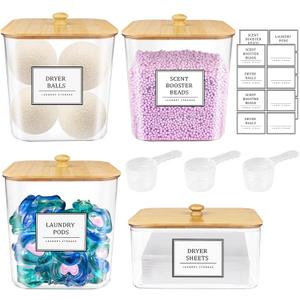 3+1 Pack Laundry Pods Container,Clear Laundry Room Organization Containers,Large Laundry Detergent Powder Storage Containers with Wooden Lids & Labels,Laundry Pods Holder for Scent Booster,Powder,Pods