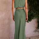 PRETTYGARDEN Women's 2 Piece Satin Outfits Summer Sleeveless Mock Neck Crop Tops and Long Skirt Dress Sets (Green, S)