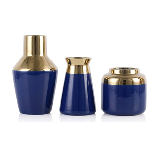 3 Piece Wide Mouth Vase Set for Table Centerpiece, Ceramic Blue Gold Flower Vase for Pampas Grass Decor, Glossy Gold Unique Vases for Bathroom Fireplace Top Shelf Entryway Decorative
