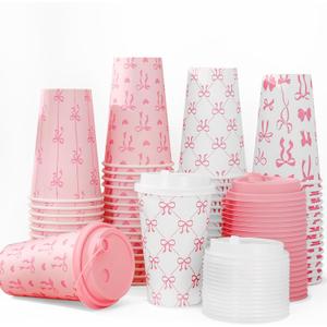 Whaline 100Pcs Pink Bow Paper Cups with Lids 16oz Bowknot Heart Disposable Cups Cute Coquette Drinking Cup for Hold Cold Drinks