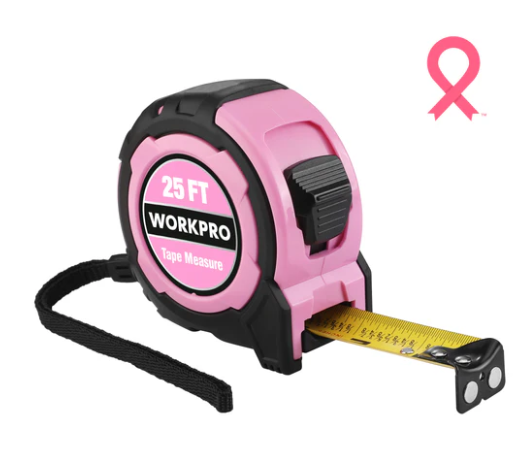 WORKPRO 25FT Pink Magnetic Hook Measuring Tape, 1/32" Accuracy with Retractable Nylon Coating & Belt Clip - Pink Ribbon