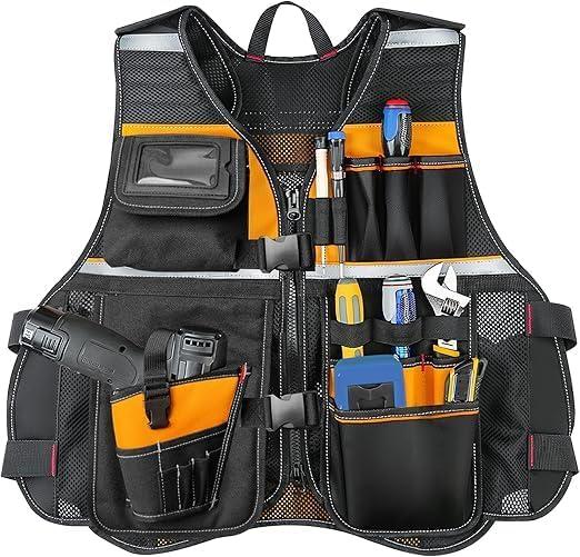 Electrician Tool Vest for Men, Hi Vis Tool Vest with 17 Compartments, Adjustable Men Workwear for Carpenters & Construction (Orange)