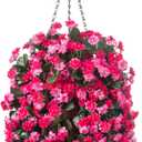 Ammyoo Artificial Flowers in Hanging Basket Uv Resistant for Outdoor Decor | Fake Mums Flowers Faux Plants Coconut Lining Pot for Home Porch Garden Yard Patio Decoration(Rose Red)