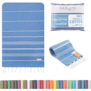 GOQAN Turkish Beach Towel Oversized 39x71 | Thin, Lightweight, 100% Cotton and Sand Free Towel is Suitable for Beach, Bathroom, Pool, Travel, Swim, Gift | Odor Free Thx to Quick Dry Property - Azure