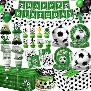 Soccer Birthday Party Decorations Includes Plates, Napkins, Cups, Tablecloths, Balloons, Cake & Cupcake Toppers, Honeycomb Centerpieces, Banner for Boys Sport Soccer Party Decorations, Serves 24