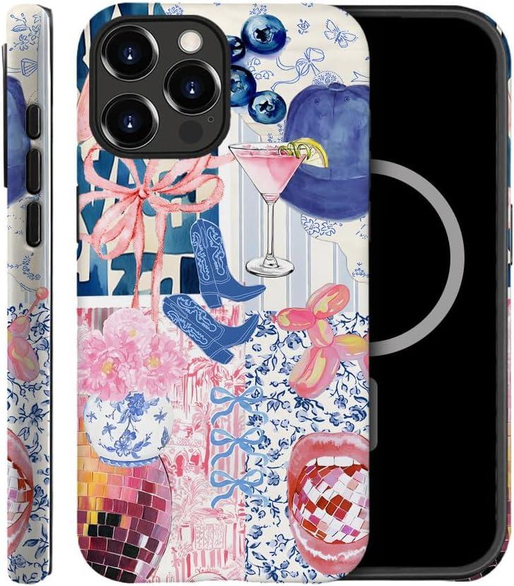 Case Compatible with iPhone 15 Pro Max,Compatible with MagSafe,Fall Prevention Hybrid 2-Layer Hard Shell Cases for Girls Boys,Bow Boot Disco Lip Collage
