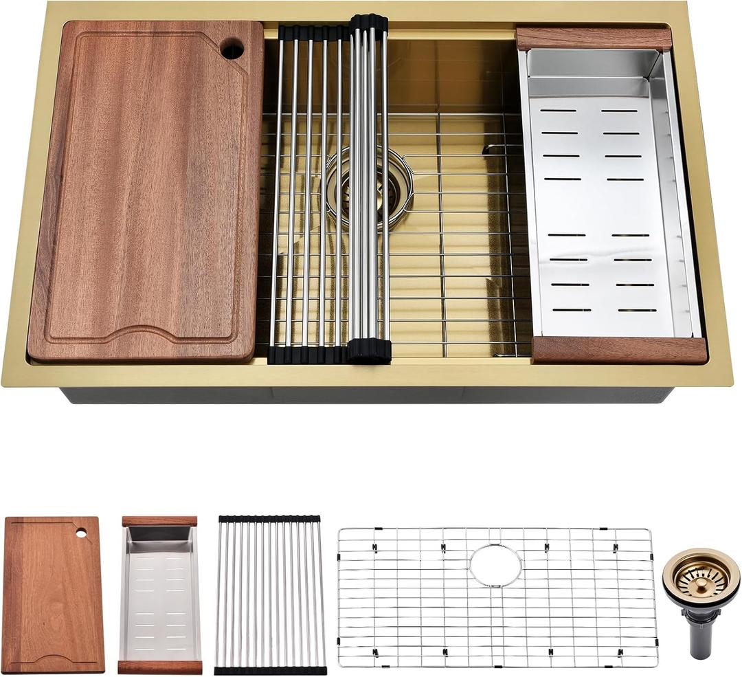 28 Inch Undermount Kitchen Sink Gold - 16 Gauge Gold Satainless Steel Kitchen Sink Undermount 28x18,10 Inch Deep Single Bowl Workstation Sinks with Accessories