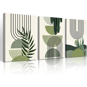 WENGTIAO Boho Sage Green Canvas Wall Art Set of 3, Framed Minimalist Aesthetic Botanical Wall Pictures Geometric Line Plants Leaf Artwork Paintings Room Decor for Bedroom Living Room Office 16"x24"x3