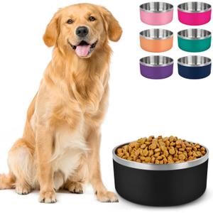LIHONG Stainless Steel Dog Bowls for Large Dogs,Dog Food Water Bowls with Non Slip Rubber Bottom,Pet Feeding Bowl,Double Wall Insulated,Rustproof(64oz,Black)