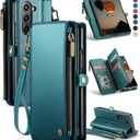 Defencase Wallet Case Compatible with Samsung Galaxy Z Fold 5 with RFID Blocking Card Holder & S Pen Holder PU Leather Magnetic Snap Flip Zipper Strap Phone Case Fit for Galaxy Z Fold 5, Blue Green