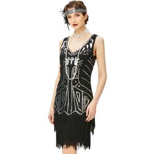 BABEYOND Women's Flapper Dresses 1920s V Neck Beaded Fringed Great Gatsby Dress (Black, L)