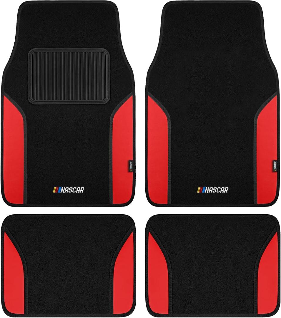 NASCAR Car Floor Mats, Carpet & Red Leather Design Car Mats, Universal-Fit All-Weather Car Floor Mats with Built-in Heel Pad & Anti-Slip Backing, Durable Odorless Automotive Interior Accessories
