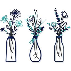 3 Pieces Metal Flowers Wall Arts - Rustic Farmhouse Style Dcor Metal Wall Art Black Minimalist Flower Natural Themed Wall Decors for Home Bedroom Dining Room Housewarming (Blue)