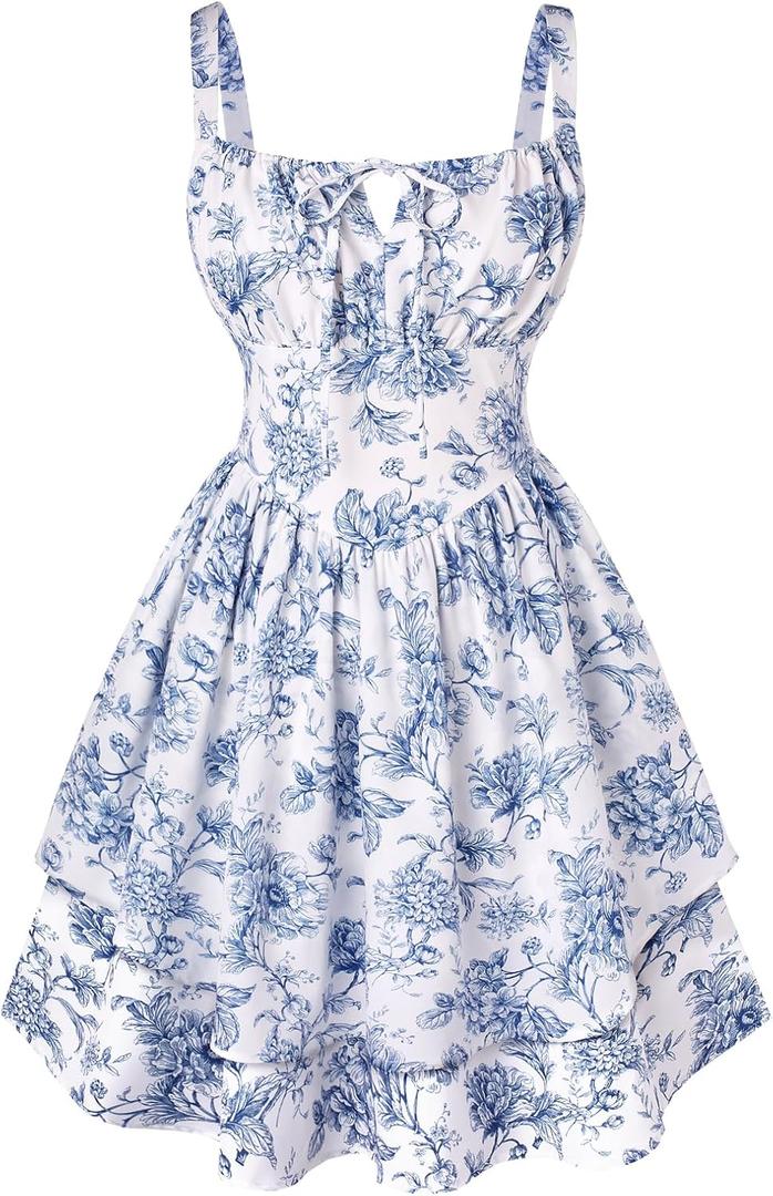 Scarlet Darkness Floral Mini Corset Dress for Women Teen 2026 Summer Spring Flowy A-Line Sundress with Pockets (Blue, S)