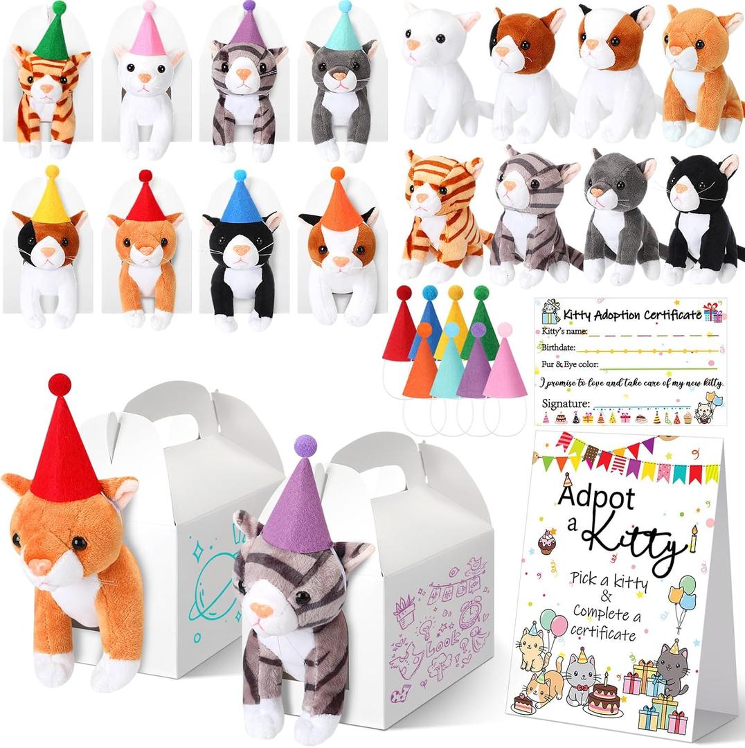 HyDren 33 Pcs Adopt Pet Party Favors Include Adoption Sign Animal Adoption Certificate Plush Pet Stuffed Birthday Hats White Paper Boxes for Adopt an Animal Birthday Party Favor (8 Cat)
