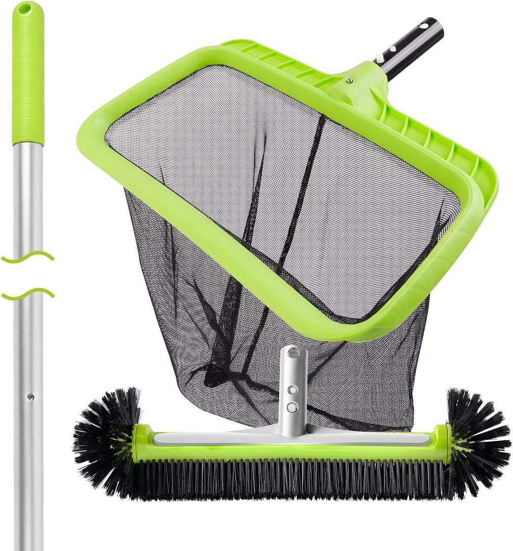 BoxedHome Swimming Pool Cleaning Kit with 10.5Ft Adjustable Aluminum Pole, 17.5" Rounded End Pool Brush Head & Deep Skimmer Net/Basket for Inground & Above Ground Pool