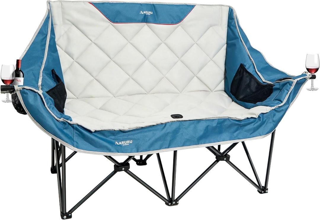 Double Camping Chair, Padded Oversized Camping Loveseat for Adults 2 Person Couch Two Seat Support 600LBS Heavy Duty Folding Camp Lawns Chairs for Outdoor Beach Backyard Tailgating Sports