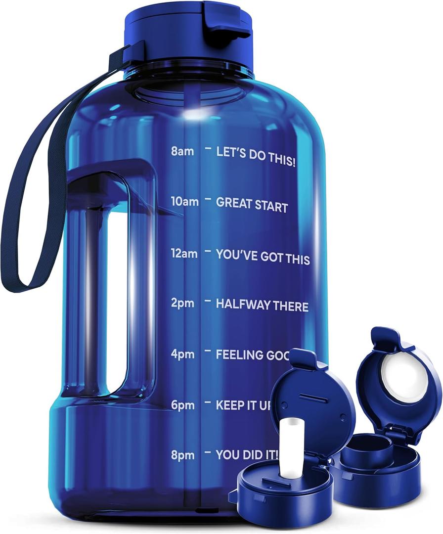 AQUAFIT 128 oz Water Bottle with Time Marker - Straw & Chug Lid - BPA Free 1 Gallon Gym Water Bottle with Handle - Big Gallon Jug (Blue, 128 Ounces)