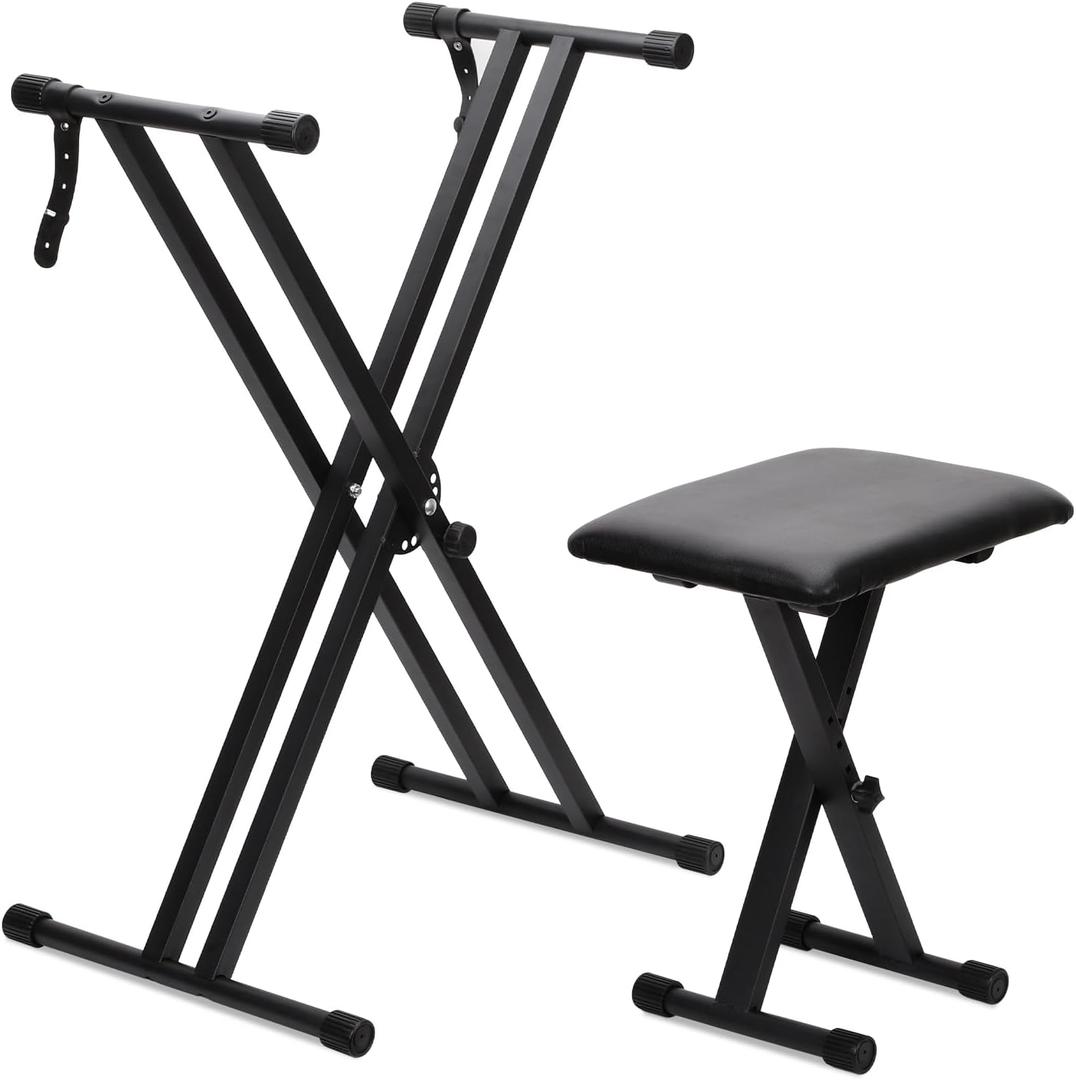 Keyboard Stands and Bench Set,Double-X Keyboard Stand Adjustable & Portable Digital Piano Stand with Locking Straps