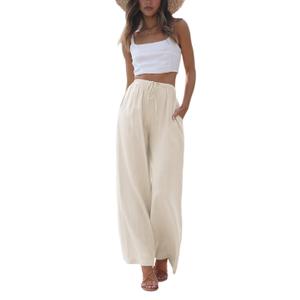 Faleave Women's Cotton Linen Summer Palazzo Pants Flowy Wide Leg Beach Trousers with Pockets Medium