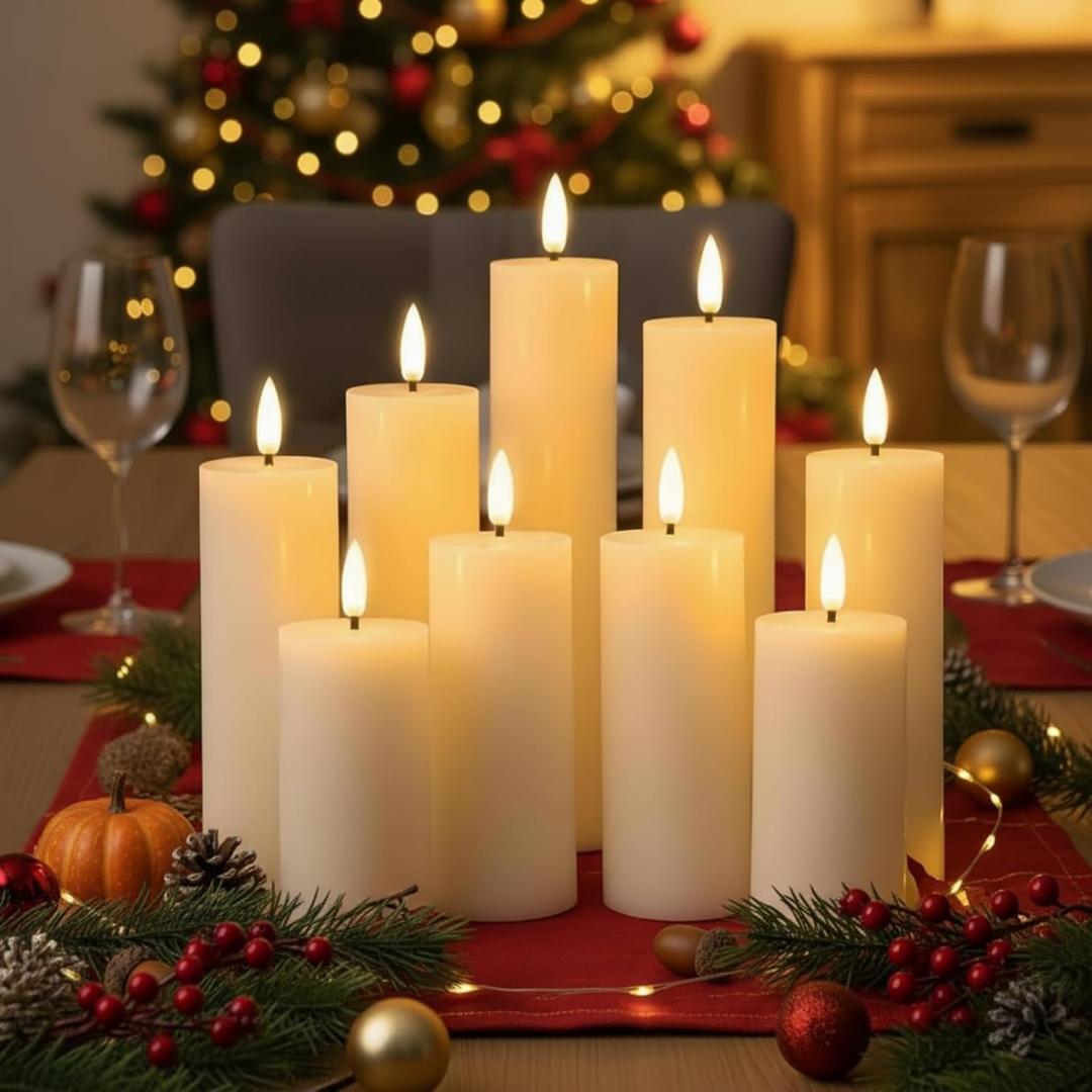 Retisee 9 Pcs Christmas LED Flameless Pillar Candles with Remote Battery Operated 3D Wick Flickering Fireplace Candle Indoor Decoration for Fall Christmas Winter, Ivory