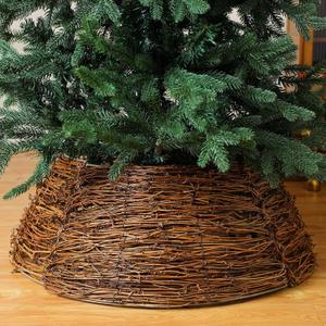 Christmas Tree Collar Rattan 24 Inches Christmas Stand Tree Collar Boho Woven Rattan Cover Rustic Natural Farmhouse Ring for Xmas Decorations