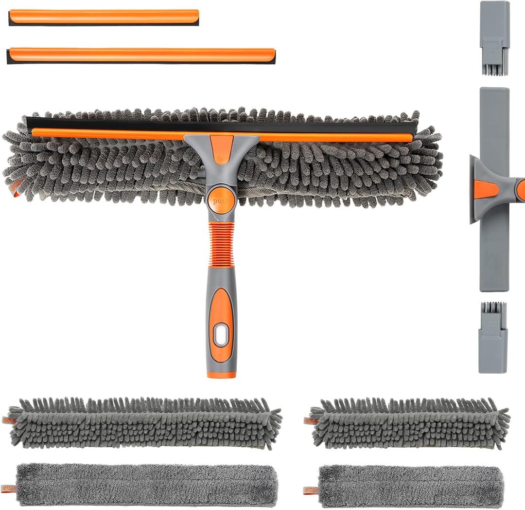 Eazer Window Squeegee and Scrubber Combo Tool Attachment Kit, Window Washing Equipment with 10.5/14-Inch Adjustable Head and Rubber Squeegee, Chenille and Microfiber Cloth - Pole Not Included