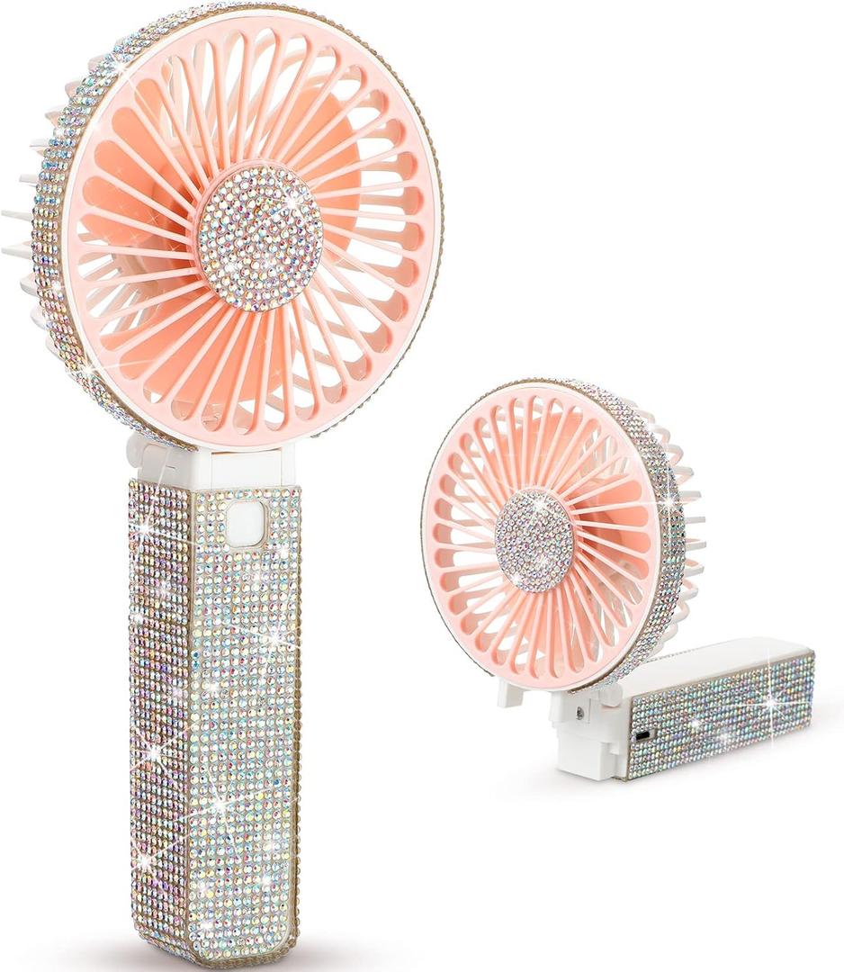 Mudder Rhinestone Handheld Fan Crystal Bling Mini Personal Fan Glitter Bedazzled Portable USB Rechargeable & Battery Operated for Girls Women Outdoor Travel Indoor Makeup Office(Pink,Foldable)