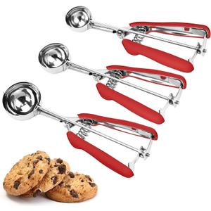 Cookie Scoop Set, 3Pcs Ice Cream Scoop, Cookie Scoops for Baking Set of 3, 18/8 Stainless Steel Cookie Scooper for Baking, Ice Cream Scooper with Trigger Release, Red Soft Grip Cookie Dough Scoop