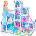 AmiDear Dollhouse with 4-Story 11 Rooms, Dream Gift Princess Doll House Playset with Furniture, Blue Toddler House with Pool Slide for 3 4 5 6 7 8 9 10 Year Old Girls Kids