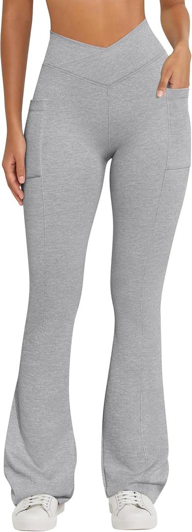 OQQ Women Pants Soft Active High Waist Crossover Flared Trousers with Pockets (X-Large, Heather Grey)