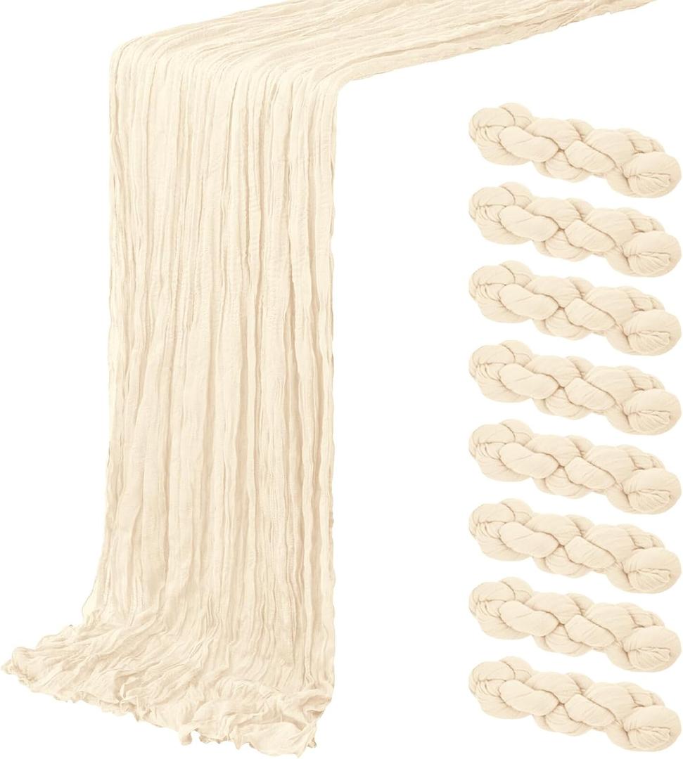 8 Pack Ivory Cheesecloth Table Runner 20 x 120 inch Gauze Table Runners 10 FT Long, Semi Sheer Cheese Cloth Fabric Table Runner Bulk for Wedding, Party, Baby Shower, Bridal Shower Decoration