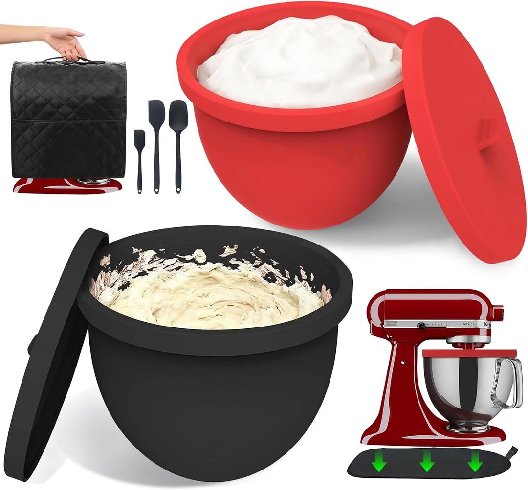Silicone Bowl Liners for KitchenAid 5 Quart Tilt-Head Mixer, Set of 2 with Lids, Accessories include Mixer Slider Mat, Stand Mixer Dust-proof Cover, Silicone Spatula Set