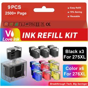 275XL 276XL Ink Refill Kit for Canon 275 and 276 Ink Cartridges for Canon PIXMA TS3722 TR4700 TR4720 TR4722 TS3522 TS3500 TS3520 TS3700 TS3720, 9 Pack (3BK/2C/2M/2Y)