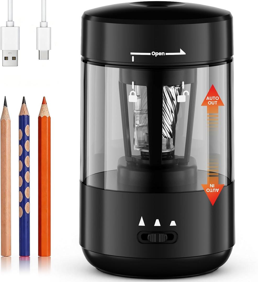 Electric Pencil Sharpener for Classroom, Fully Automatic Pencil Sharpener for 6-8mm Pencils & Colored Pencils, Auto in & Out, Type-C Rechargeable Pencil Sharpeners, Dark Black