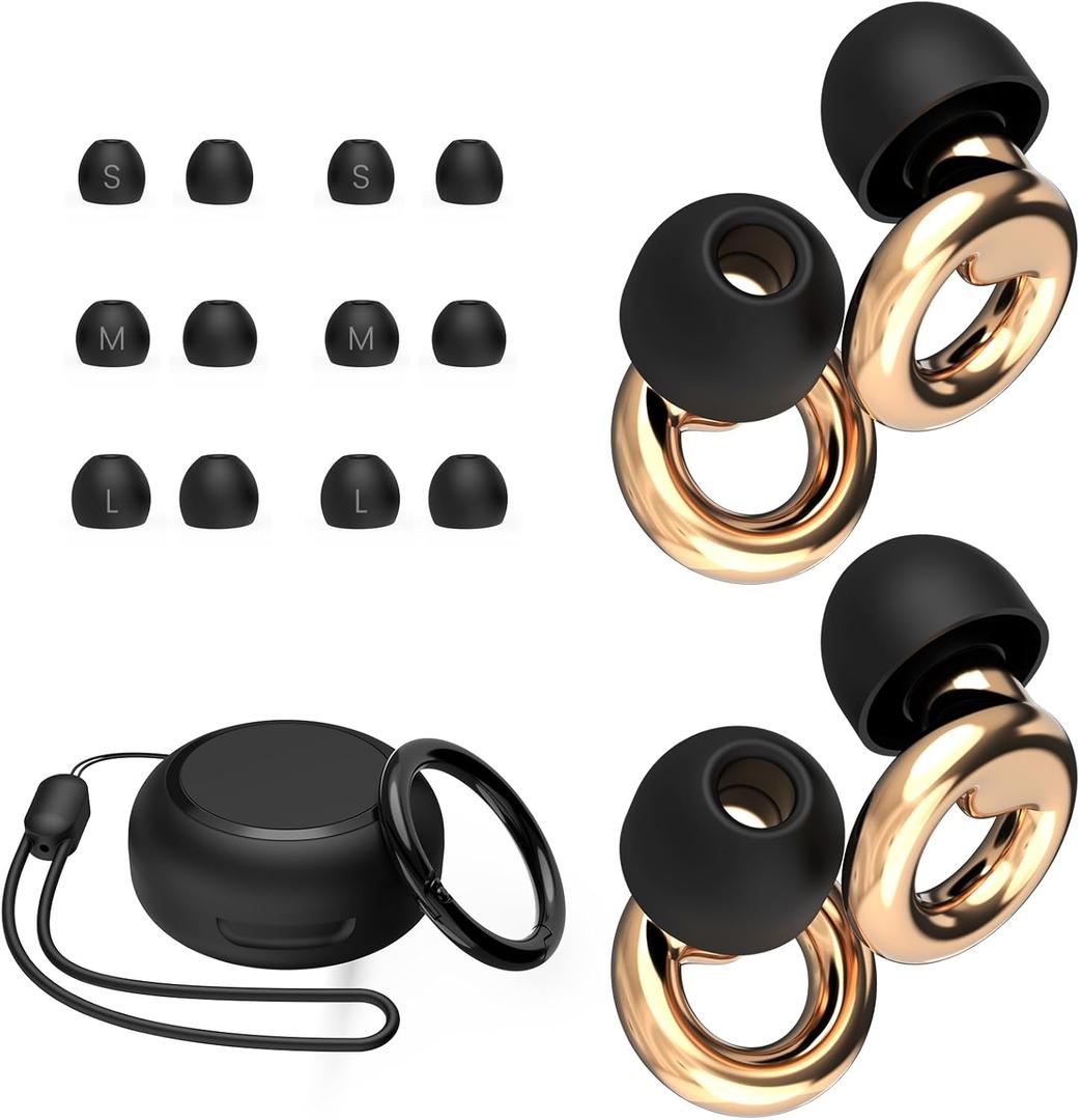 Ear Plugs for Sleeping,2 Pairs of Stylish Reusable Noise Reduction Earplugs with 8 Pairs Tips & case,Hearing Protection Earplugs for Concert,Travel,Work,Live Events - 25dB-30dB (1 Count (Pack of 1), Gold)