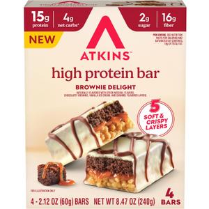 Atkins High Protein Bar, Brownie Delight, 4 Bars, 2.12 oz (60 g) Each, BBD: 10/14/2026
