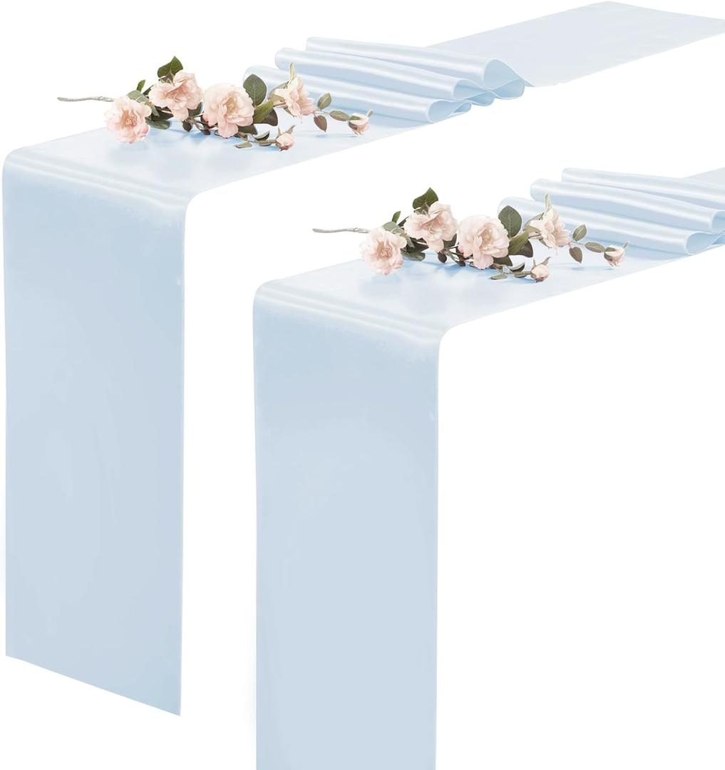 KKJIAF 2 Pack Light Blue Table Runners 12 x 108 Inch, Rectangular Smooth Satin Silk Table Runner for Wedding, Banquet, Birthday Party Decoration